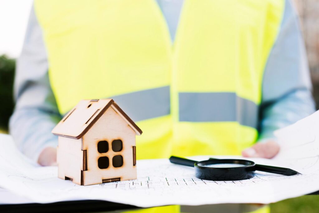 a construction worker holding a blue print with a house figurine kept on top