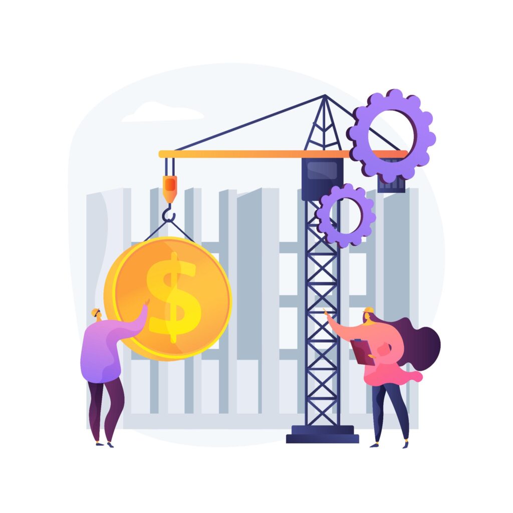 Illustration of a crane lifting a dollar sign with people working on construction
