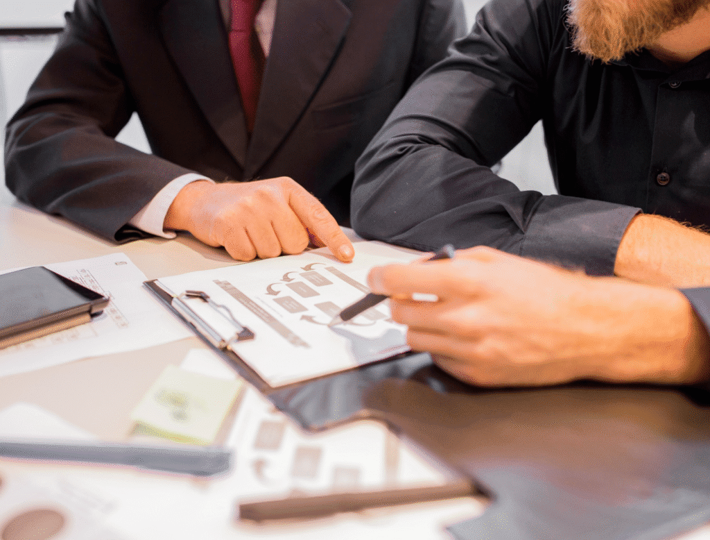 Two individuals navigating a document together