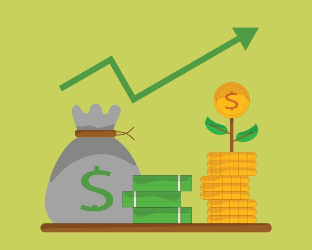 An illustration of a bag with a dollar sign, a pile of cash, and a stack of coins growing a plant, with an arrow on top of all three