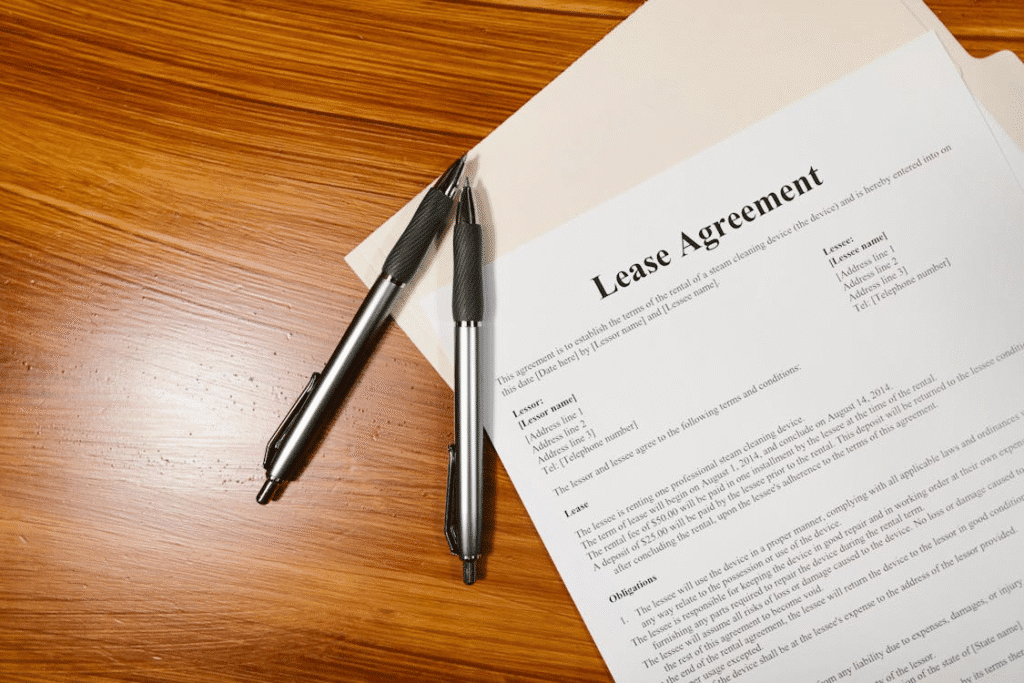 lease agreement placed over a folder with two pens on a wooden table