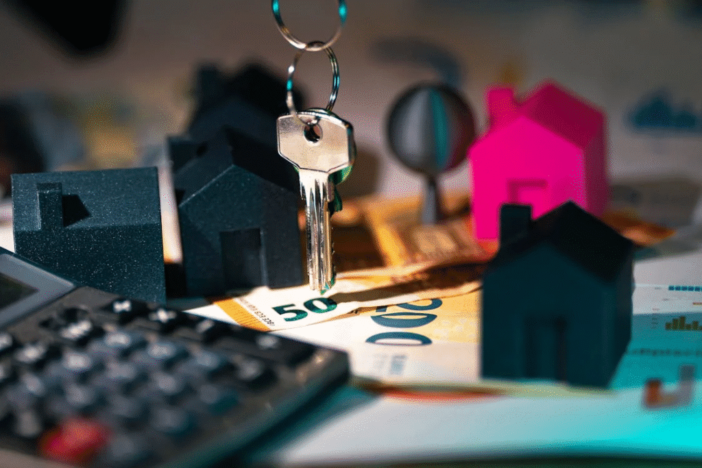 Hanging key with miniature model houses and a calculator placed on top of money notes