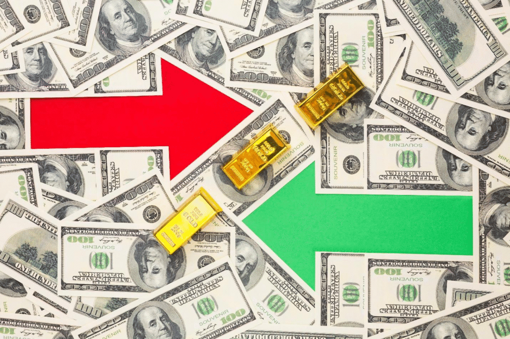 Two directional arrows placed over banknotes symbolizing financial choices in a high-interest rate environment