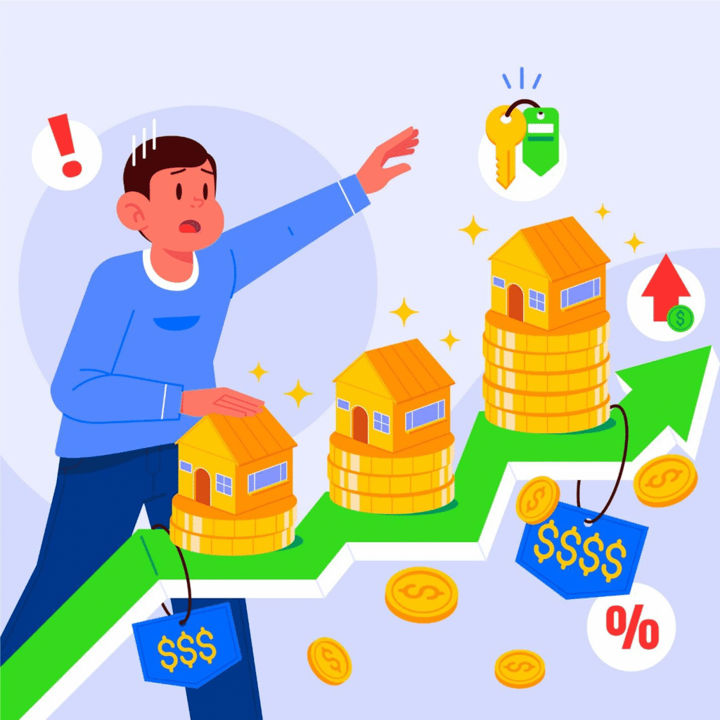 Illustration of rising house prices representing bridge loan opportunities in a competitive real estate market