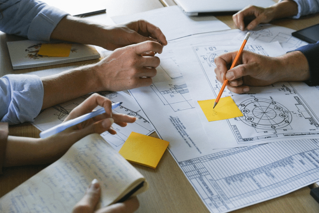 Developer in Texas reviewing blueprints with hard money lenders for a new construction project.