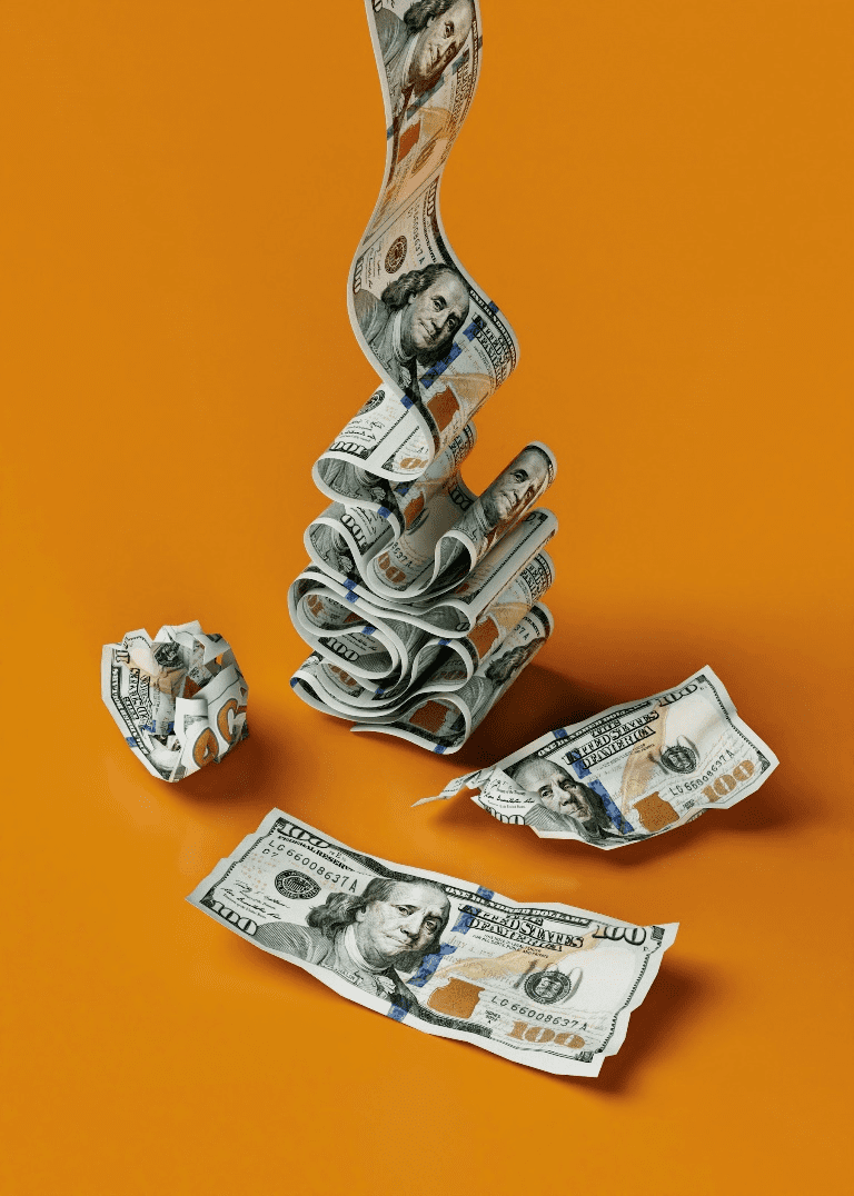 A 3D render of crumpled dollar bills and long strip of dollar bills folding into a stack.