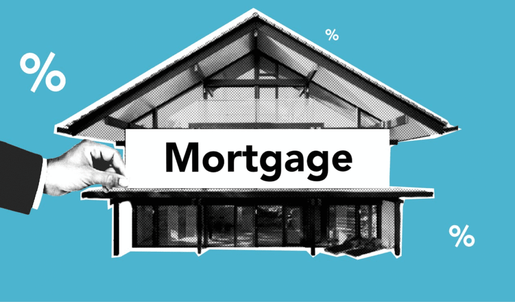 An illustration of a house, with a person’s hand holding mortgage sign in front of it with percentage signs placed randomly around them.