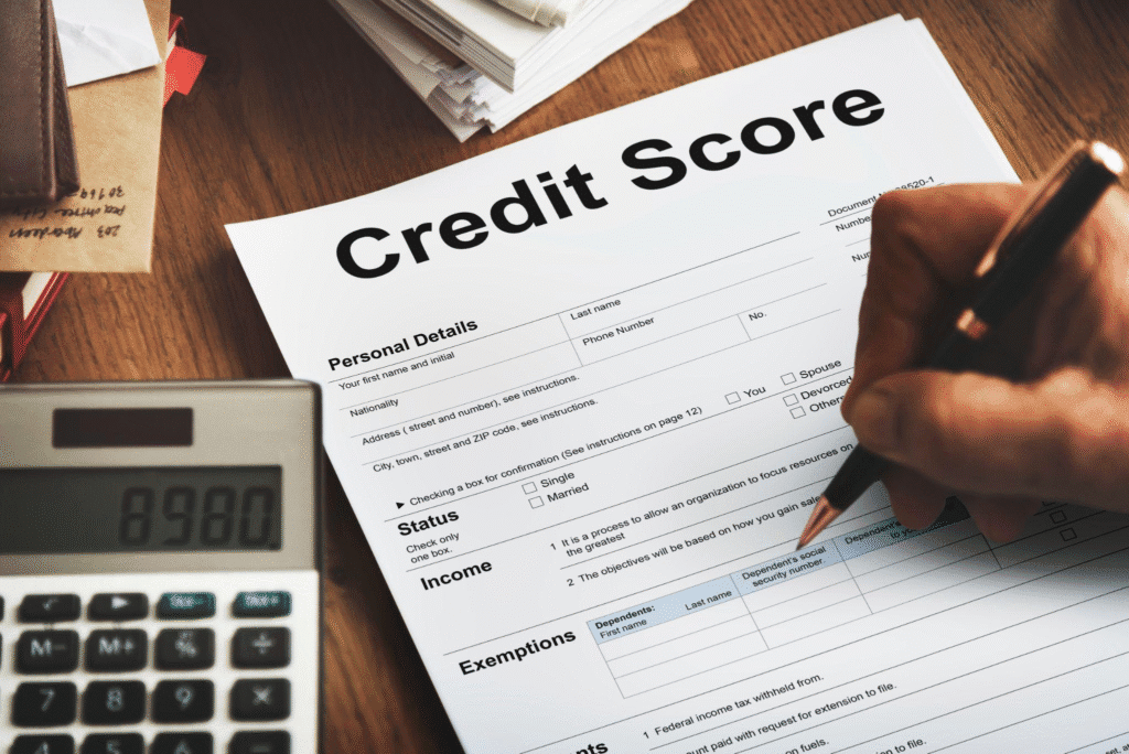 a paper with credit score information on it being filled in by a person holding a pen