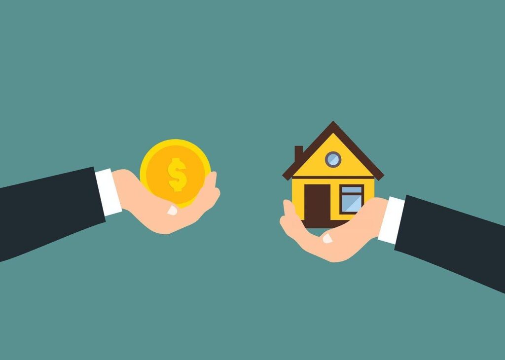 Illustration of two hands, one holding a giant coin, the other a house, symbolizing the buying of a house.