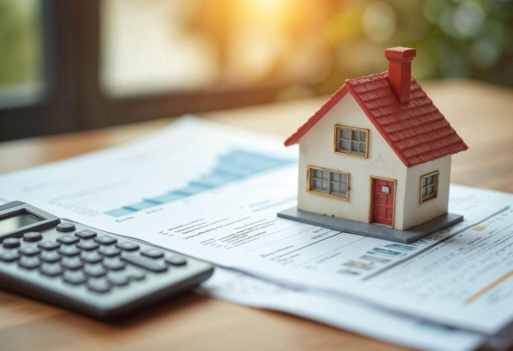 a model of a miniature house placed on property papers with a calculator