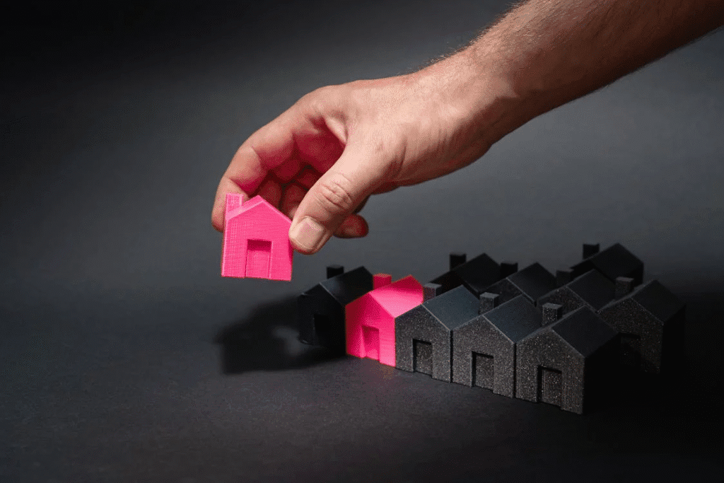  A hand places a bright pink house model among a row of black house figures, symbolizing selection or uniqueness.