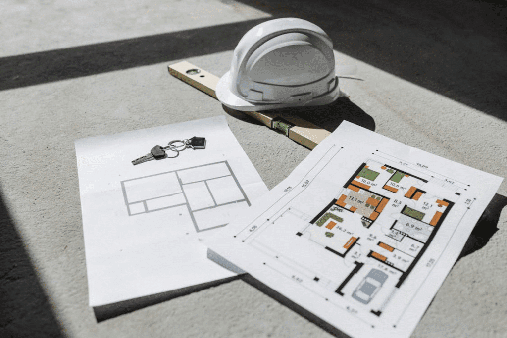 The image shows a set of construction plans, keys, a level tool, and a white hard hat on a concrete surface, suggesting a focus on building or property management.