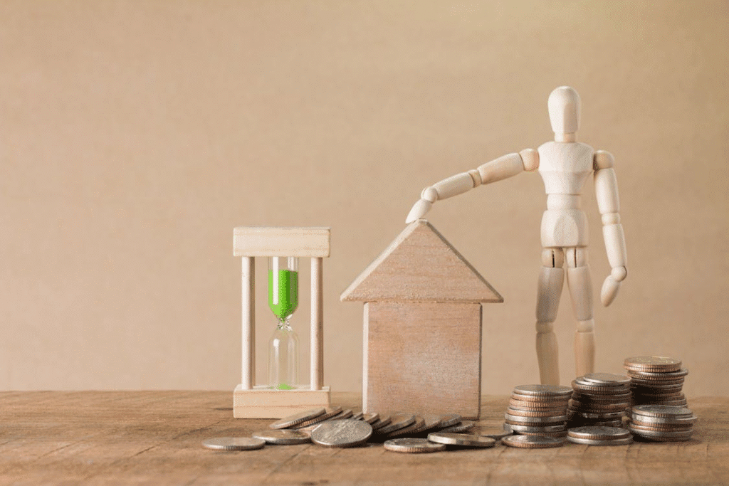 The image depicts a wooden mannequin next to a house-shaped block, coins, and an hourglass, symbolizing themes of time, money, and investment.