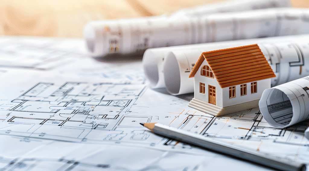 A small model house sits on architectural blueprints beside rolled plans and a pencil, symbolizing home design and construction planning.