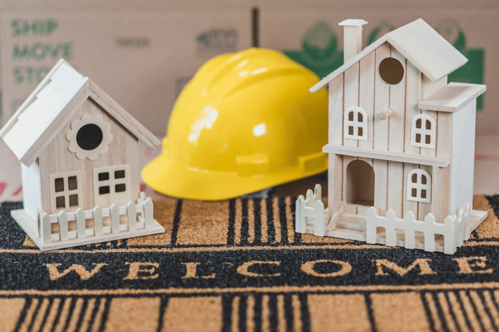 The image features two wooden model houses, a yellow construction helmet, and a doormat with the word "WELCOME," suggesting a theme related to construction or home building.