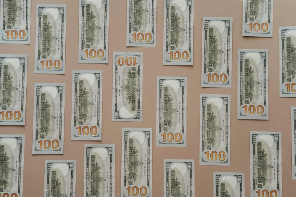 U.S. one-hundred-dollar bills laid out flat