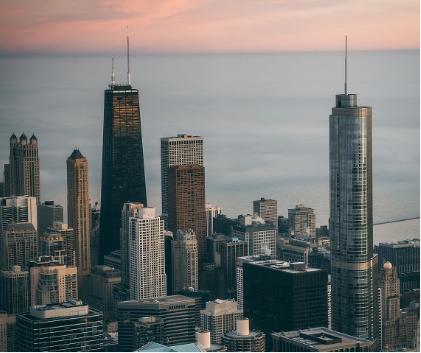 Several high sky scrapers in a neighborhood