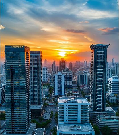 A large neighborhood with tall buildings