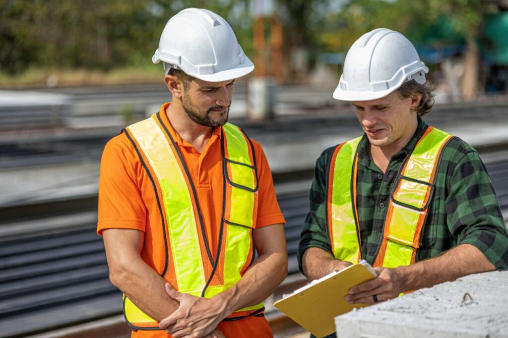 Construction workers standing together reviewing blueprints at a job site