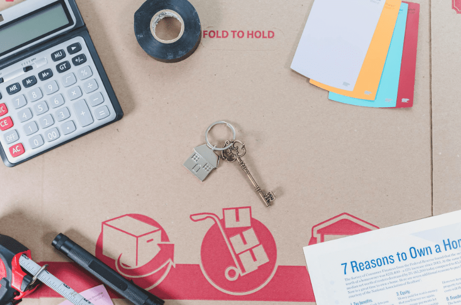 Calculator, keys, and other items on a desk.