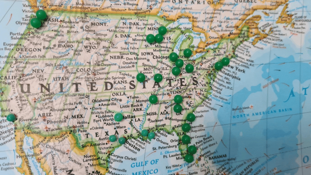 Map of the United States highlighting California, Florida, Texas, and New York real estate markets