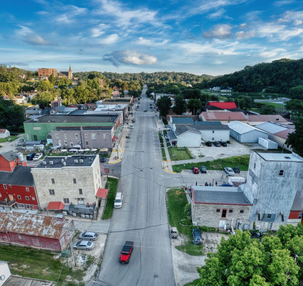 This photo shows an aerial view of a small town.