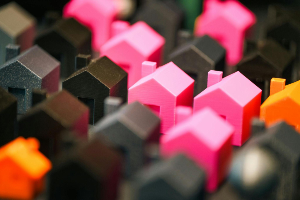 Close-up of colorful miniature house models arranged together