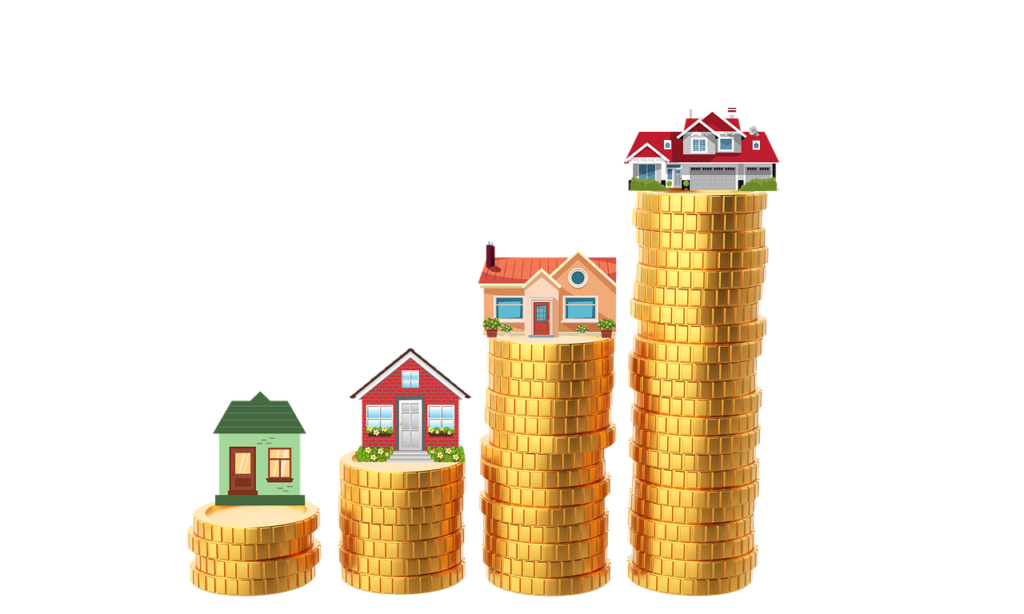 Illustration of houses stacked on rising piles of gold coins, symbolizing increasing property values or housing wealth.