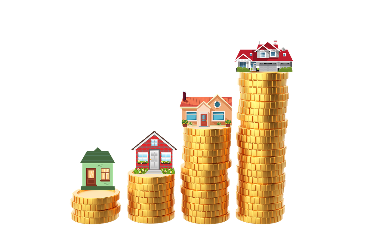 Illustration of houses stacked on rising piles of gold coins, symbolizing increasing property values or housing wealth.