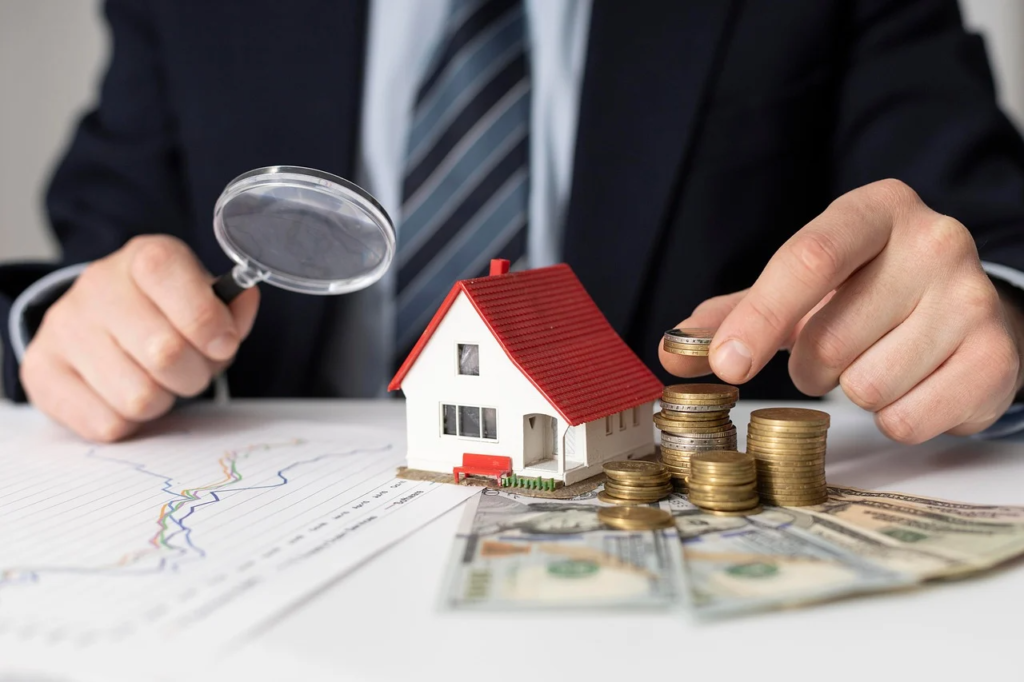 A person examining a model house with a magnifying glass alongside stacked coins and money, symbolizing property investment or financial analysis.