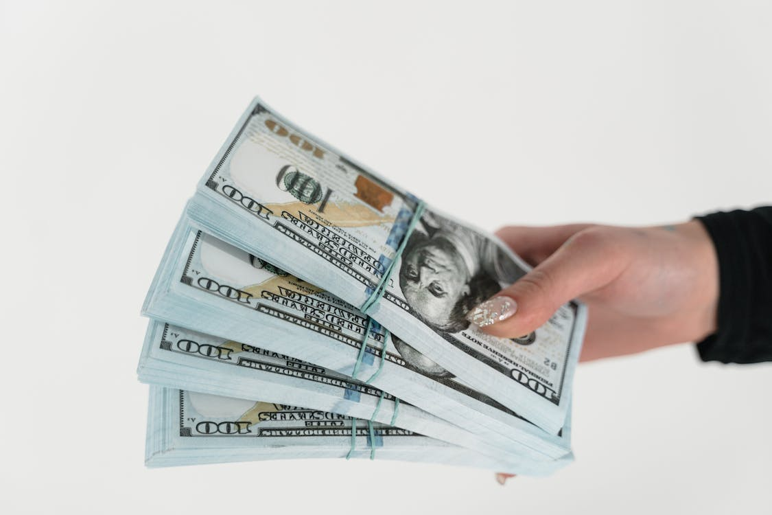 Person holding stacks of dollar bills