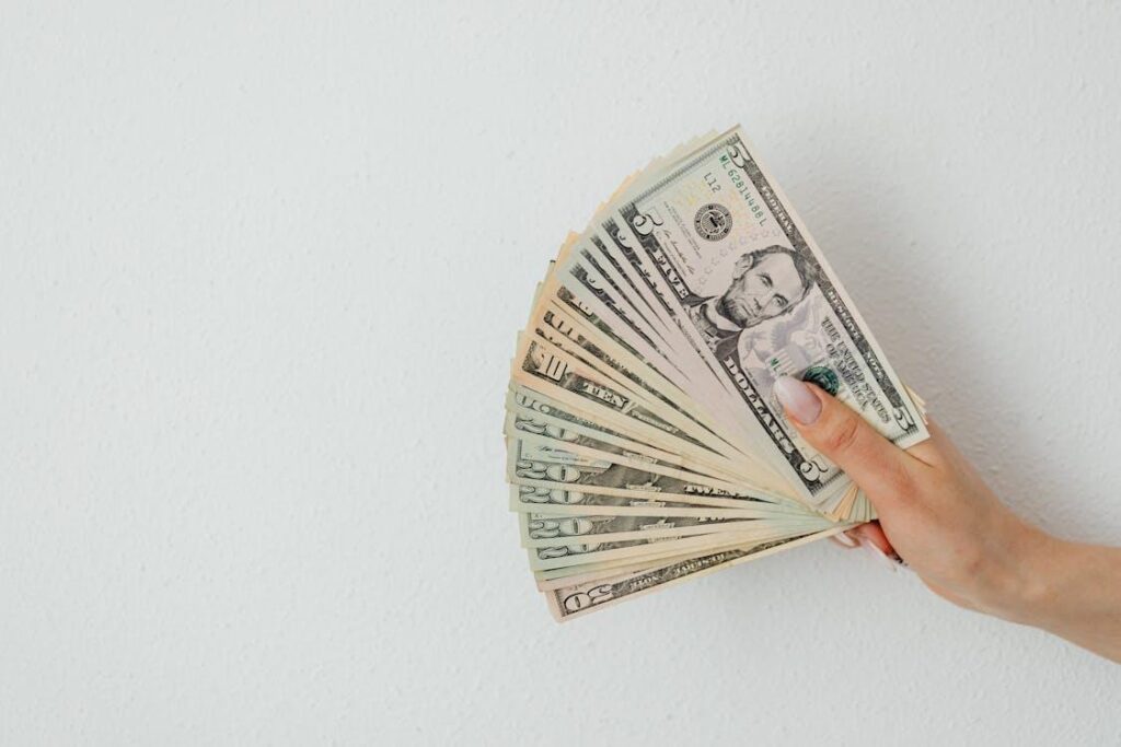 A hand holding US dollar bills