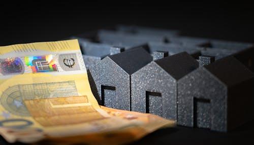 Close-up of black miniature houses with money