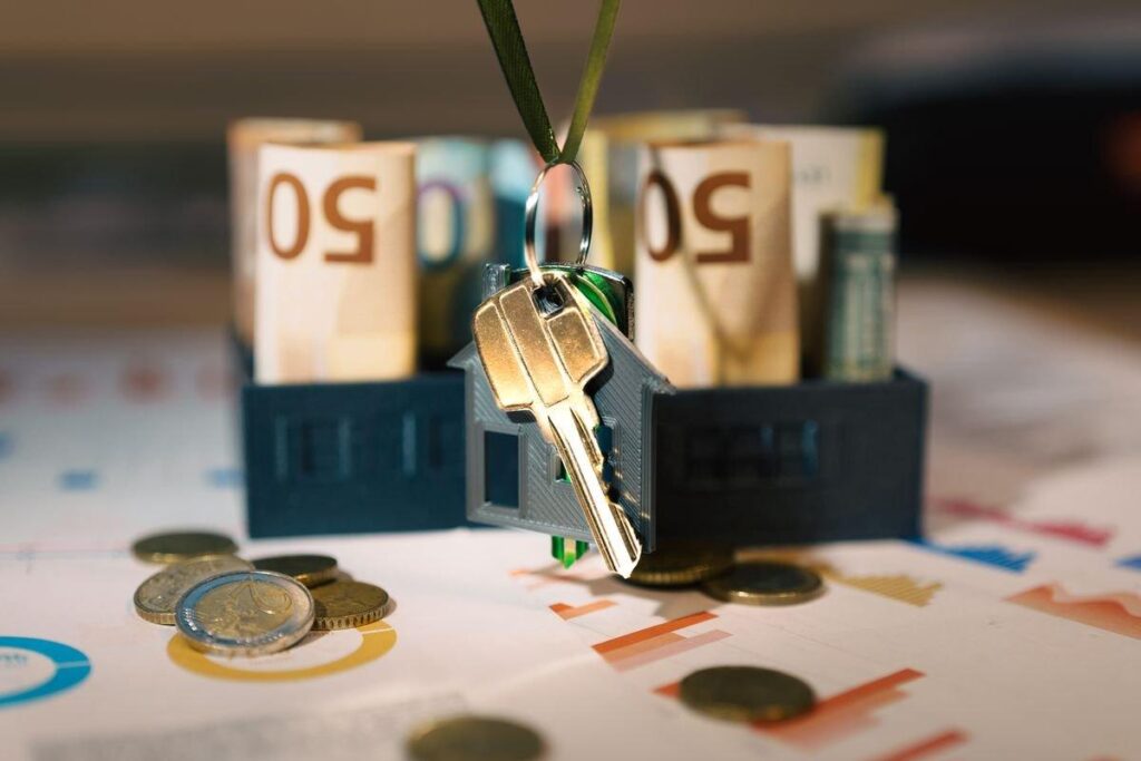 House keys, cash, and financial charts